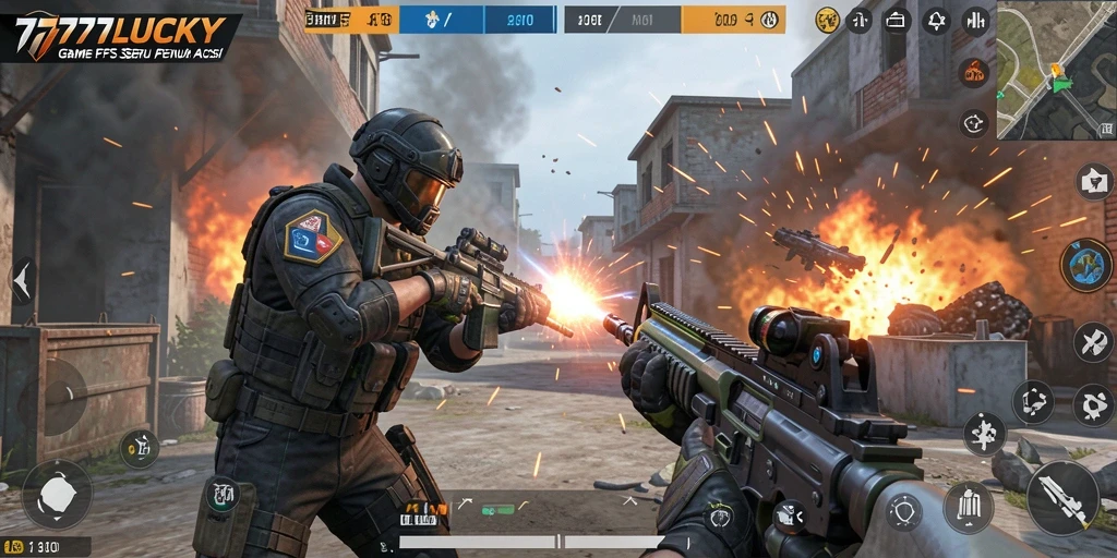 Screenshot menunjukkan aksi intens dalam game FPS 777LUCKY.