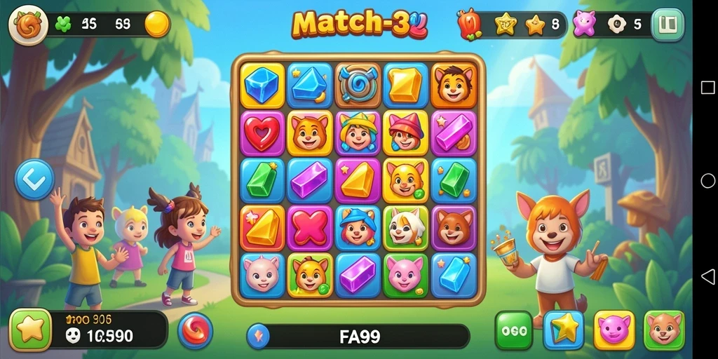 Tampilan gameplay seru FA99 dengan elemen Match-3 yang menantang.