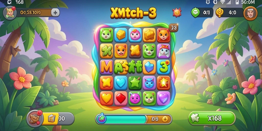 Screenshot menunjukkan gameplay Match-3 yang penuh warna dan menarik.
